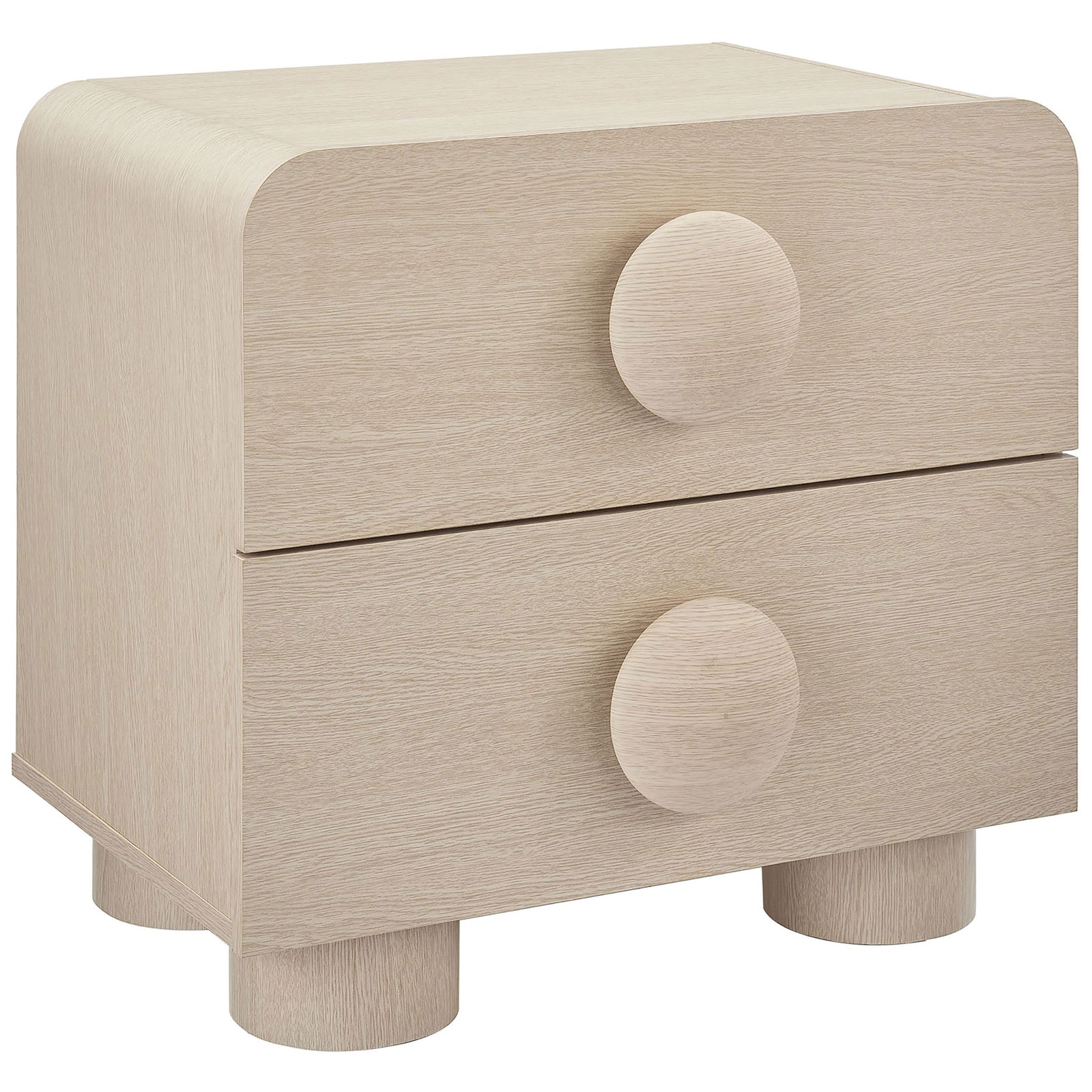 Ash finish nightstand highlighting smooth rounded edges, twin drawers, and bold button-inspired pulls || MOD-7181-ASH || front_angle_studio