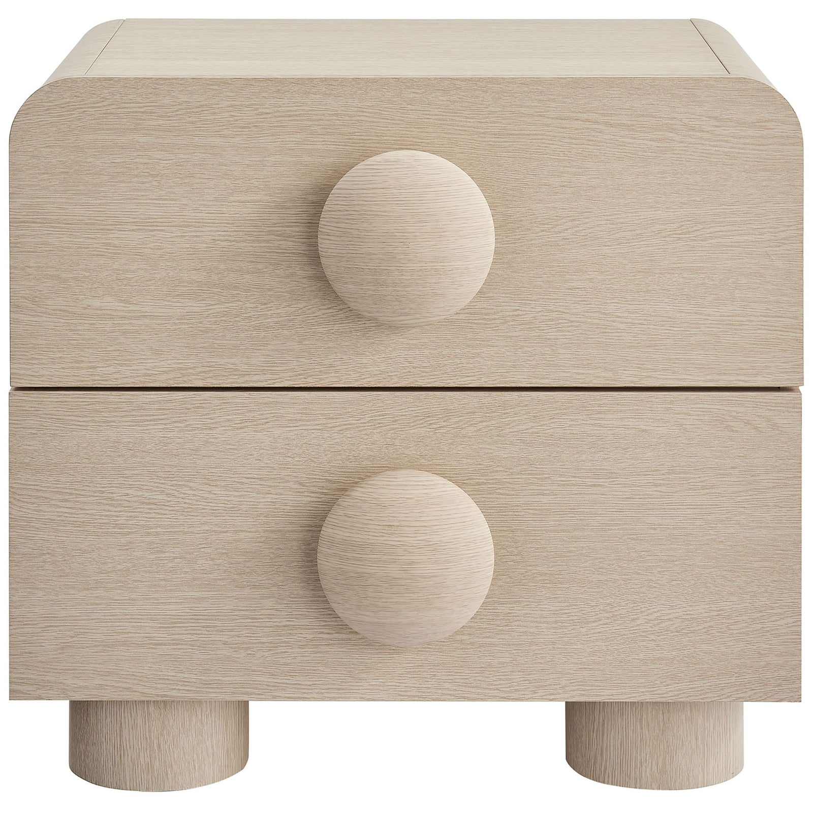 Ash wood 2-drawer nightstand with rounded corners, oversized circular pulls, and playful modern silhouette || MOD-7181-ASH || front_studio