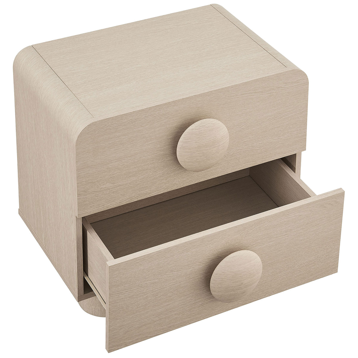 Spacious lower drawer glides open beneath the rounded ash top, offering convenient bedside storage || MOD-7181-ASH || front_angle_open_studio