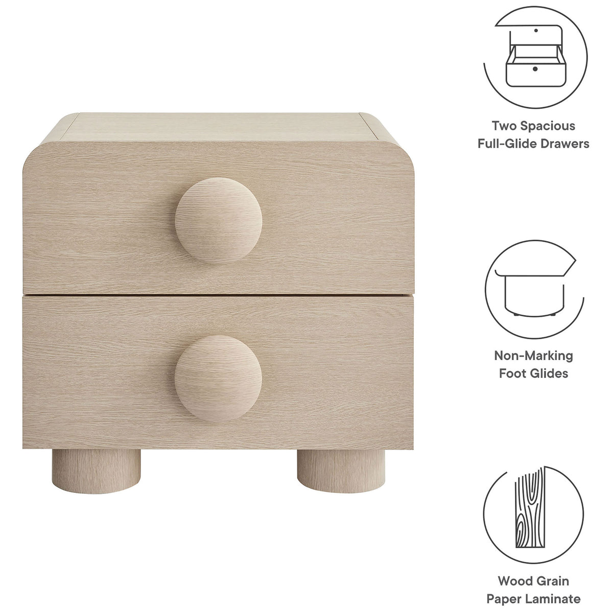Ash 2-drawer nightstand with icons calling out spacious full-glide drawers, non-marking feet, and wood grain finish || MOD-7181-ASH || callout_studio