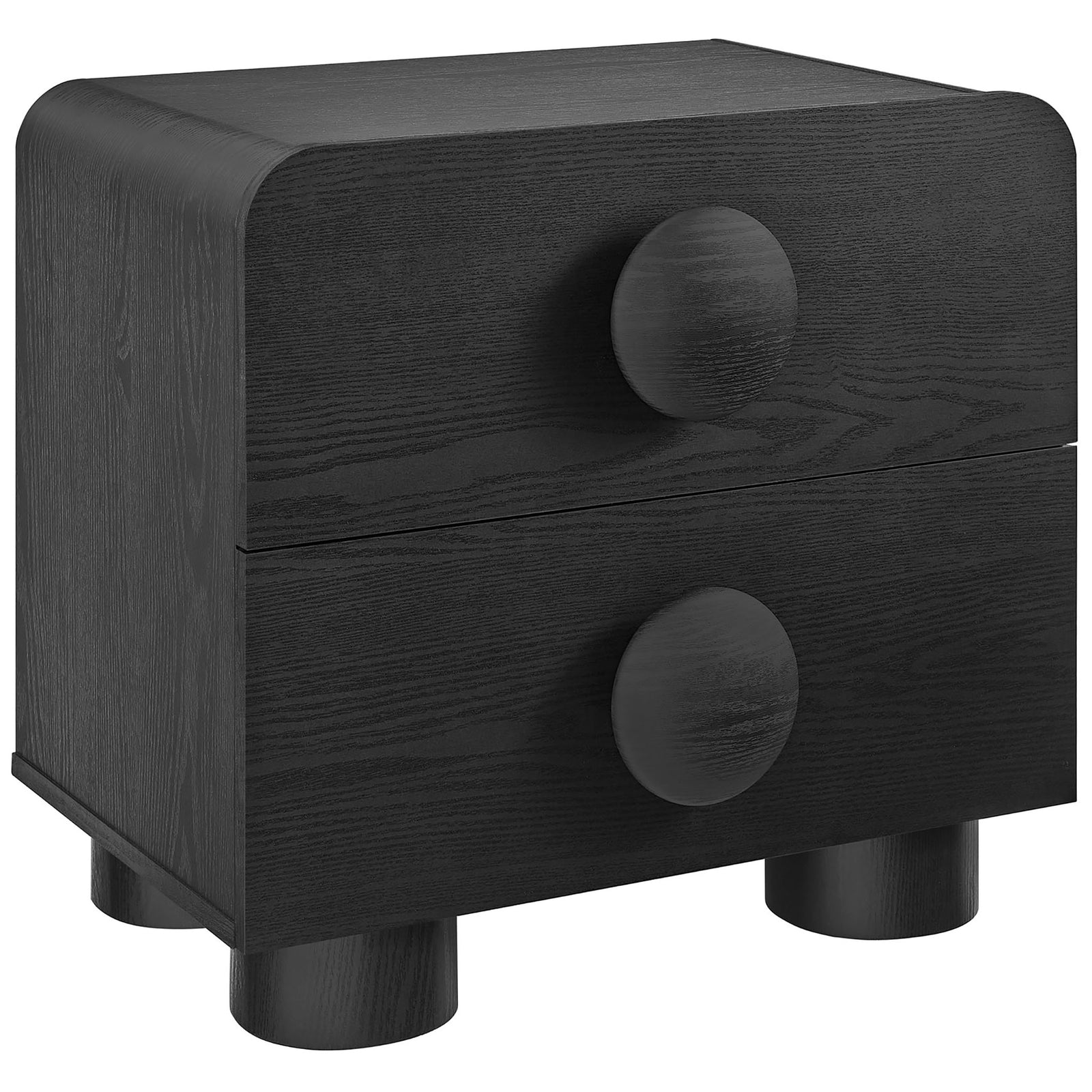 Rounded black two-drawer nightstand with oversized circular pulls and chunky cylinder legs || MOD-7181-BLK || front_angle_studio