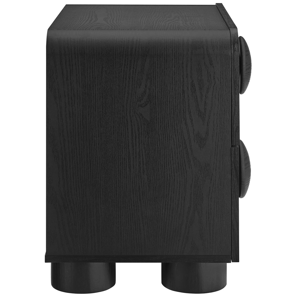 Sleek black nightstand showcasing the smooth rounded side panel and subtle wood grain texture || MOD-7181-BLK || side_studio