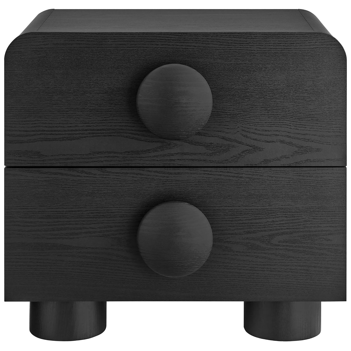 Modern black two-drawer nightstand with bold round knobs and rounded corners in a wood grain finish || MOD-7181-BLK || front_studio