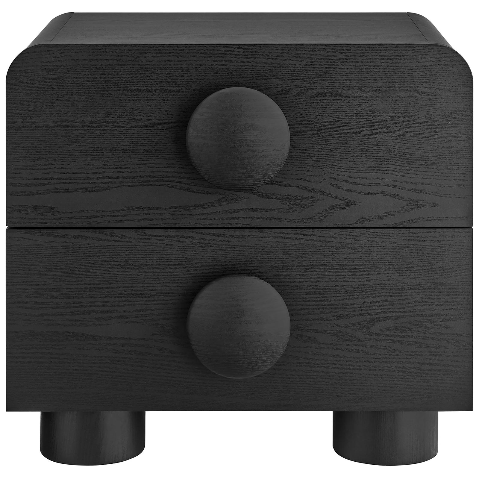 Modern black two-drawer nightstand with bold round knobs and rounded corners in a wood grain finish || MOD-7181-BLK || front_studio