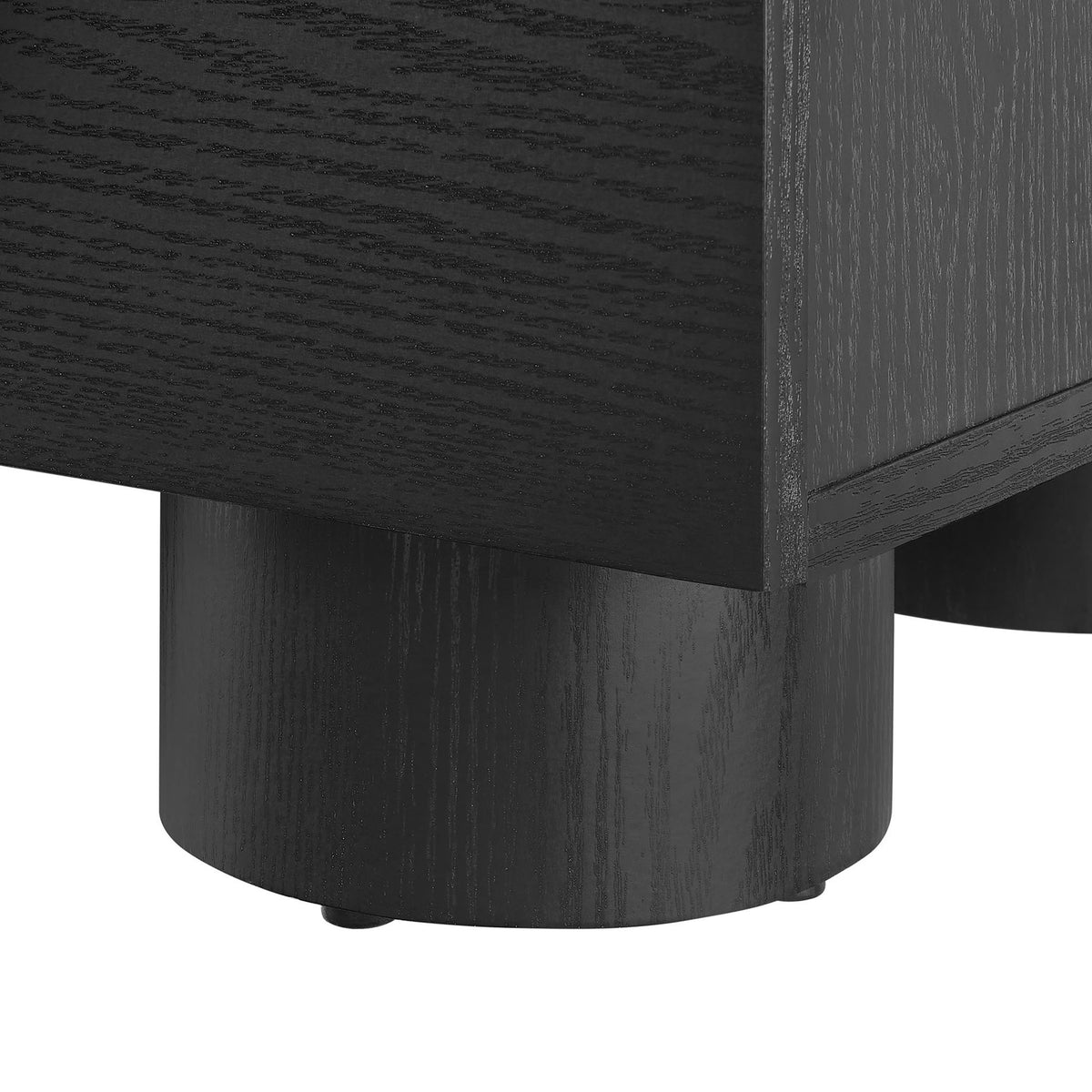 Close-up of the nightstand's cylindrical legs with non-marking foot glides and wood grain detail || MOD-7181-BLK || leg_studio