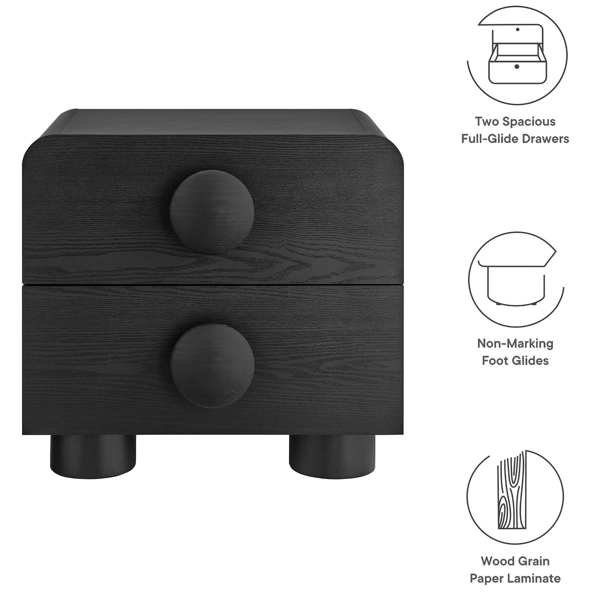 Black two-drawer nightstand with round pulls shown alongside icons calling out key design features || MOD-7181-BLK || callout_studio