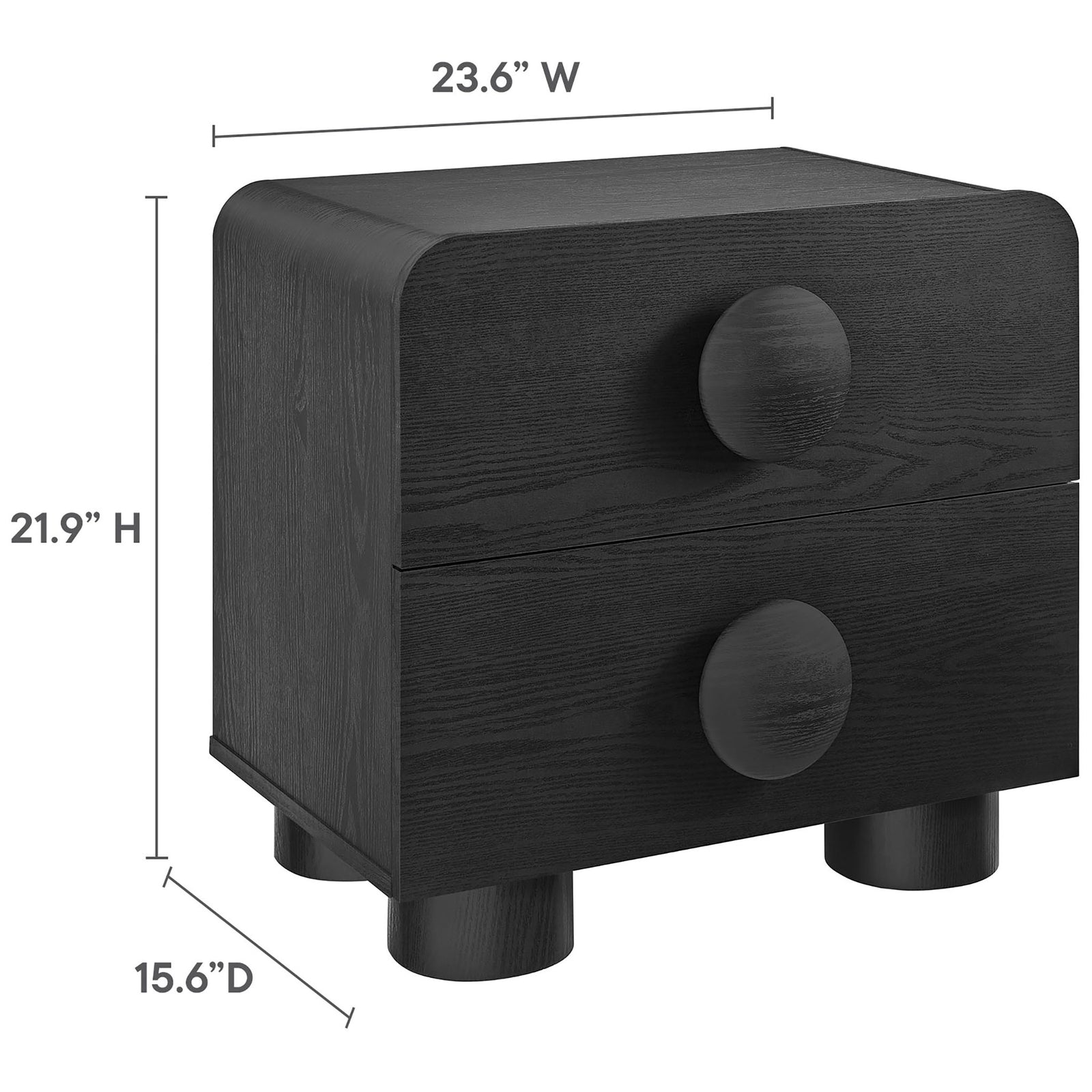 Black two-drawer nightstand with round pulls and clearly labeled width, height, and depth dimensions || MOD-7181-BLK || dimension_studio