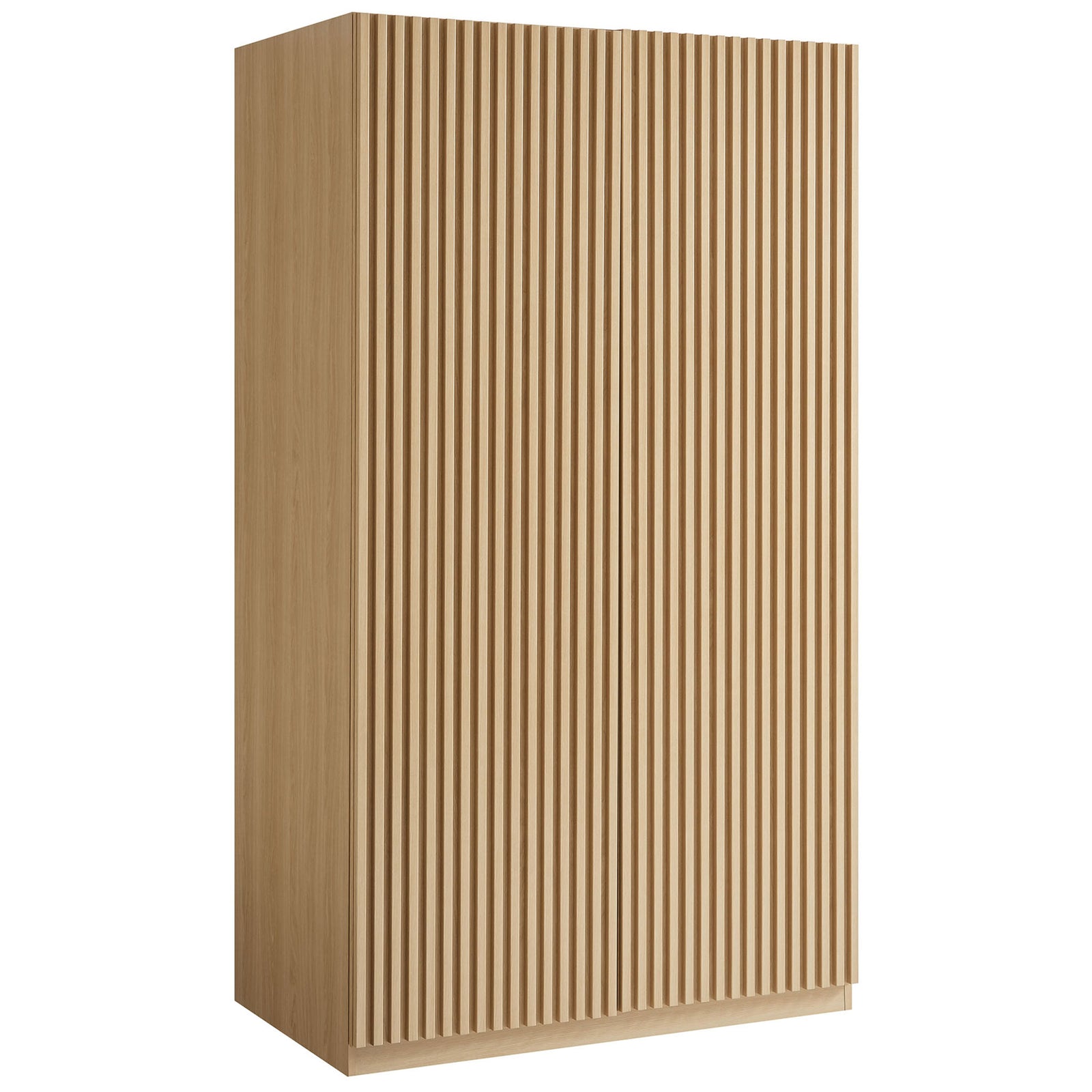 Mid-century oak wardrobe with vertical slatted doors and smooth wood grain sides || MOD-7182-OAK || front_angle_studio