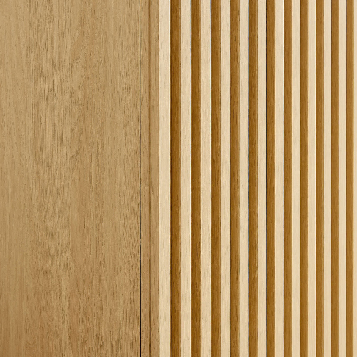 Detail of oak wardrobe slatted door design with crisp linear profile || MOD-7182-OAK || swatch_studio