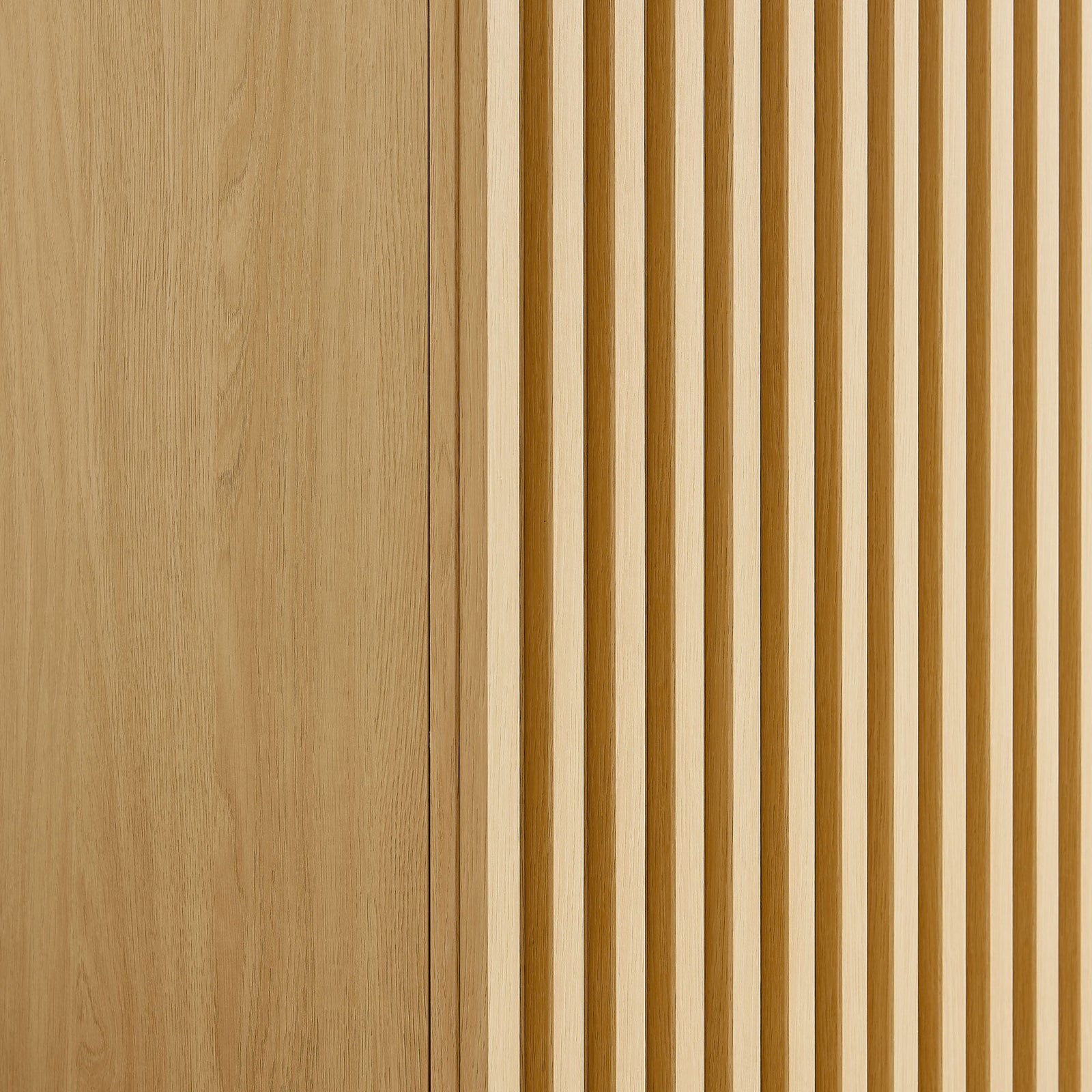 Detail of oak wardrobe slatted door design with crisp linear profile || MOD-7182-OAK || swatch_studio