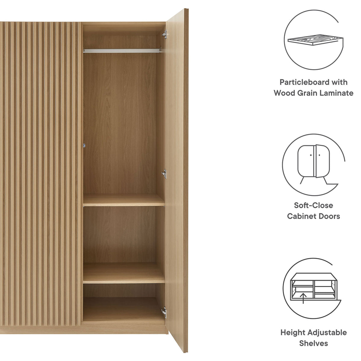 Oak wardrobe with open storage area alongside icons calling out laminate, soft-close, and adjustable shelves || MOD-7182-OAK || callout_studio