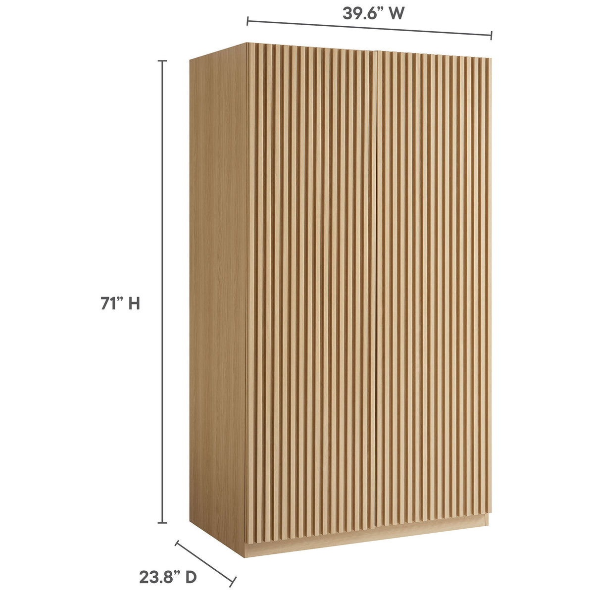 Oak slatted wardrobe with overall height, width, and depth dimensions labeled for easy planning || MOD-7182-OAK || dimension_studio