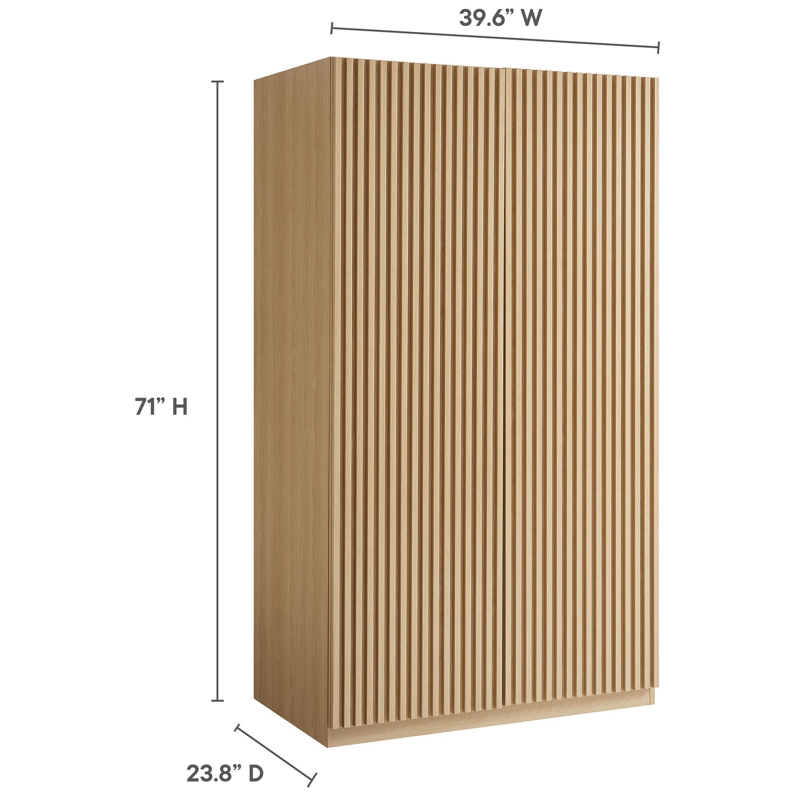 Oak slatted wardrobe with overall height, width, and depth dimensions labeled for easy planning || MOD-7182-OAK || dimension_studio