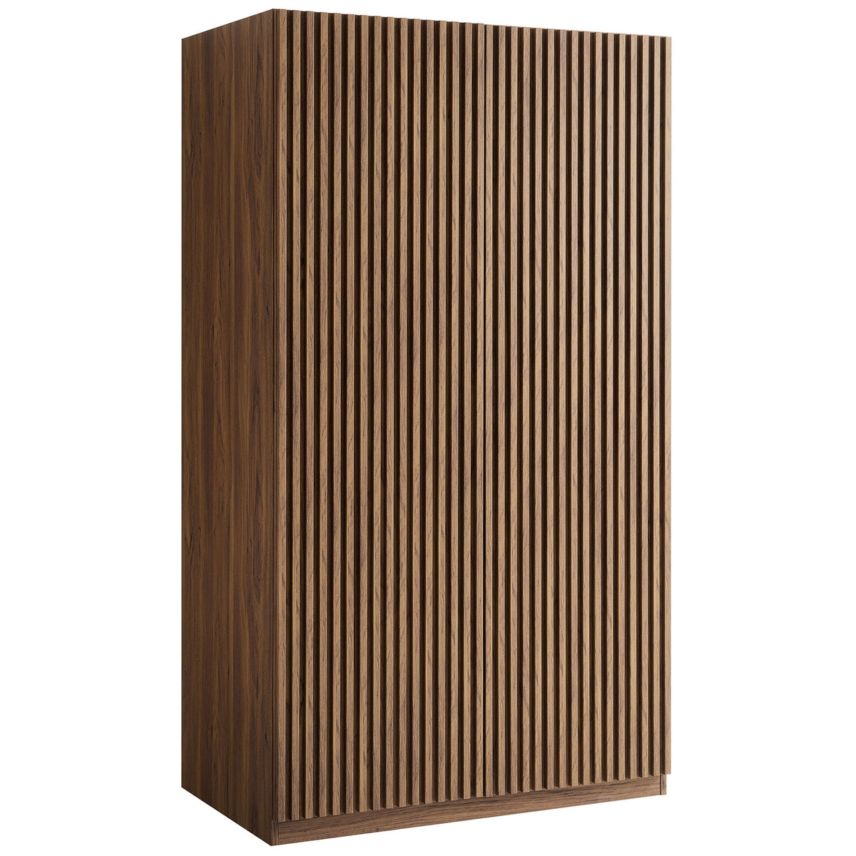Mid-century walnut wardrobe with vertical slatted doors and richly grained side panels || MOD-7182-WAL || front_angle_studio