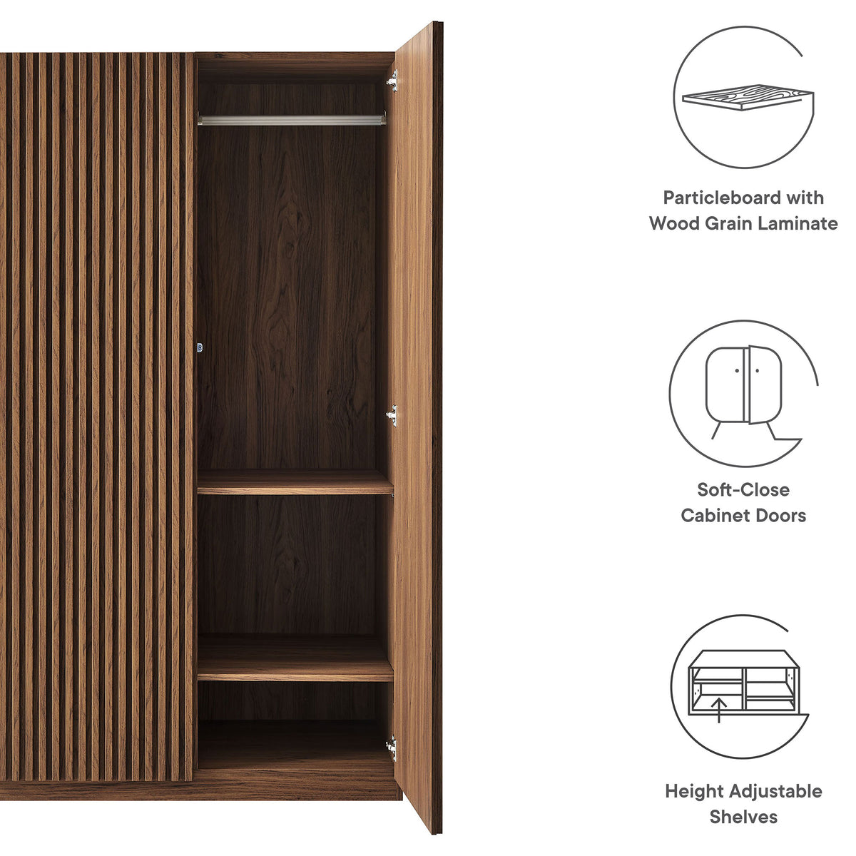 Walnut wardrobe with open storage area and icons highlighting laminate, soft-close, and adjustable shelves || MOD-7182-WAL || callout_studio