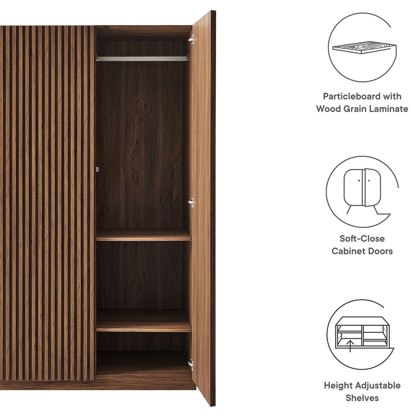 Walnut wardrobe with open storage area and icons highlighting laminate, soft-close, and adjustable shelves || MOD-7182-WAL || callout_studio