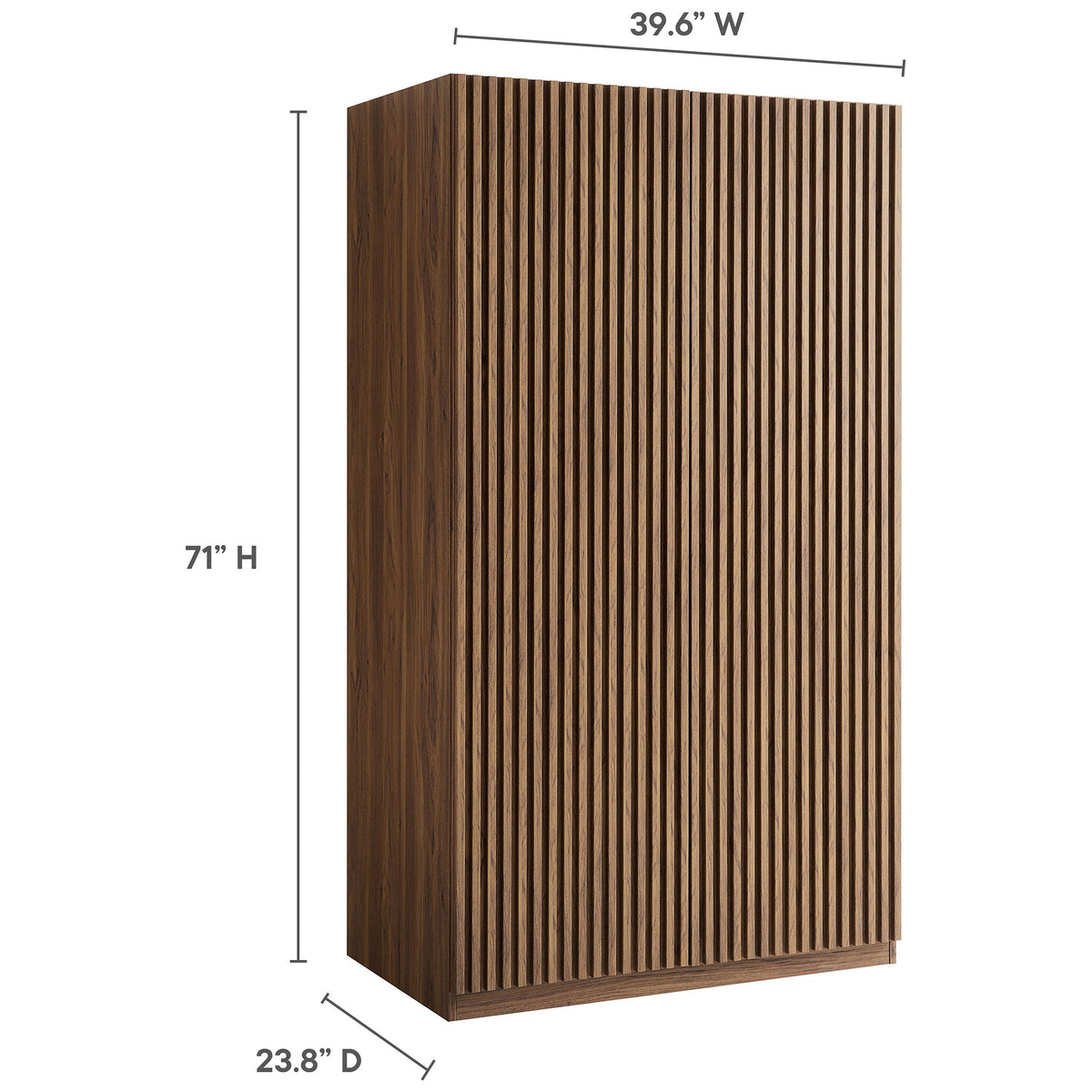 Walnut slatted wardrobe shown with labeled overall height, width, and depth dimensions || MOD-7182-WAL || dimension_studio