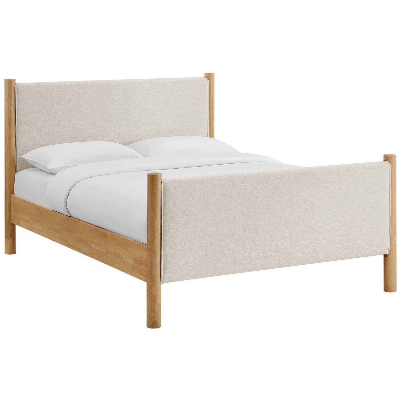 Ivory-upholstered platform bed with rounded oak posts and a warm, minimalist silhouette || MOD-7189-HEI-OAK || front_angle_studio