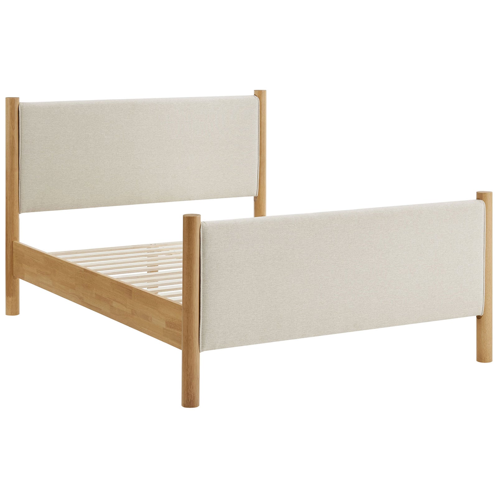 Platform bed frame showcasing sturdy wood slat support and rounded oak corner posts || MOD-7189-HEI-OAK || front_angle_studio