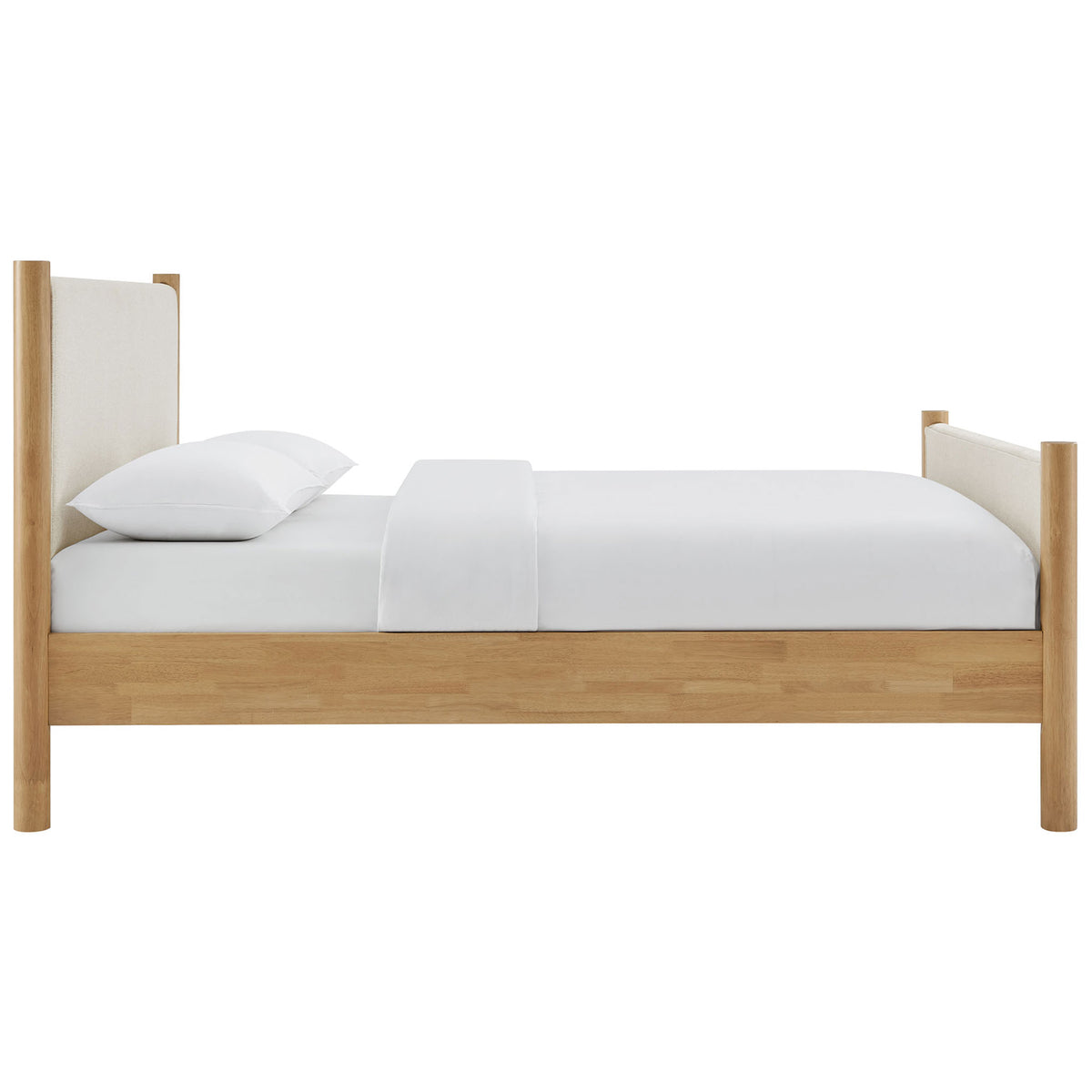 Streamlined platform profile with upholstered panels and smooth, natural oak rails || MOD-7189-HEI-OAK || side_studio