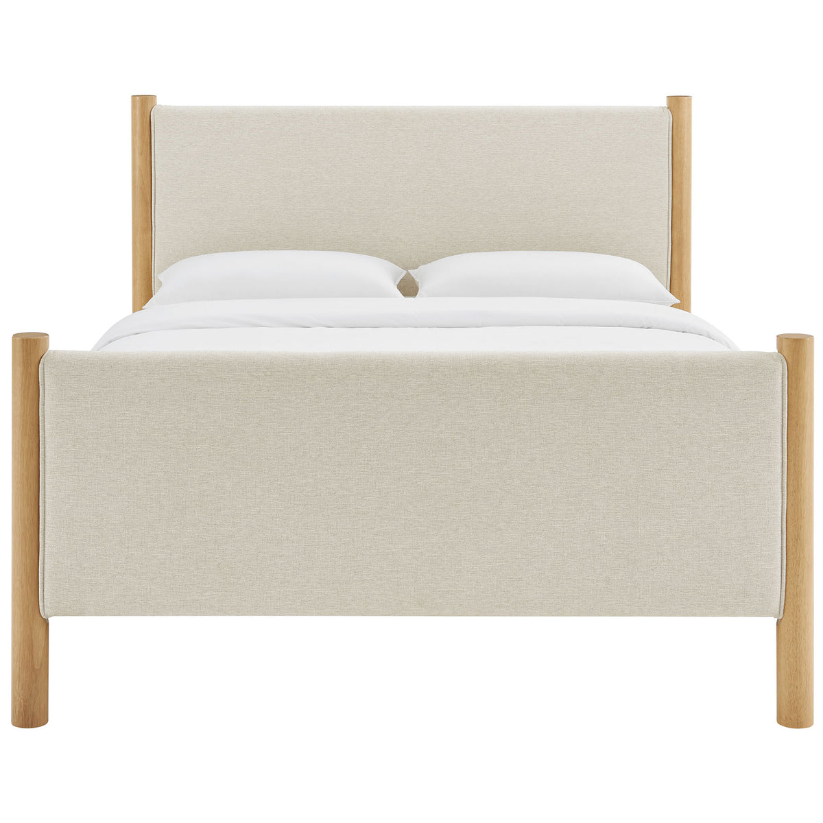 Crisp, tailored platform bed with heathered ivory upholstery framed by solid oak round posts || MOD-7189-HEI-OAK || front_studio
