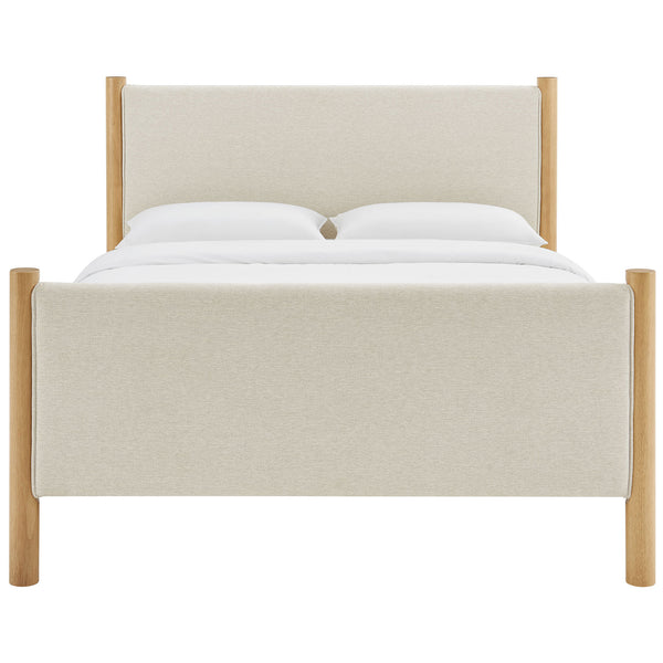 Crisp, tailored platform bed with heathered ivory upholstery framed by solid oak round posts || MOD-7189-HEI-OAK || front_studio