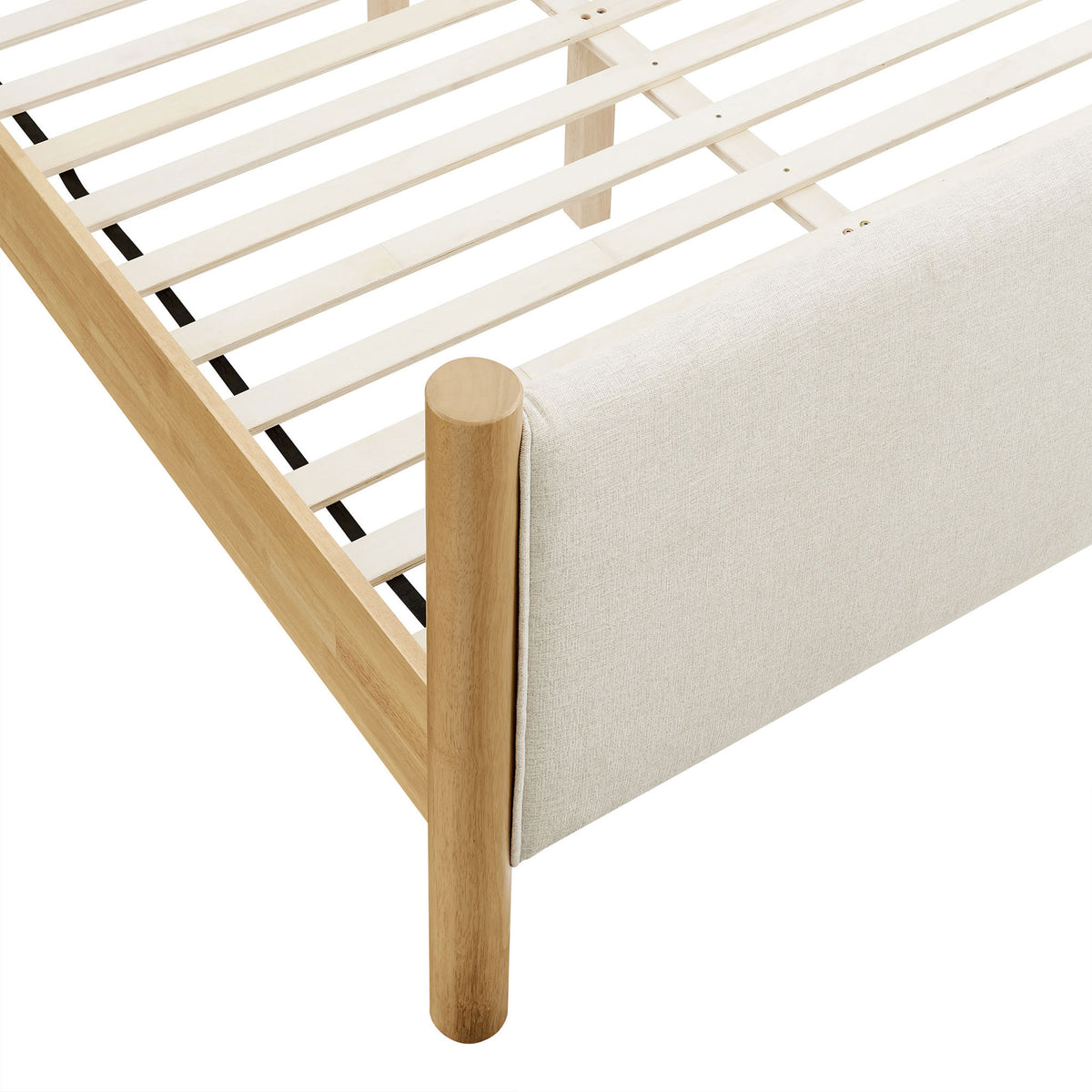 Heathered fabric footboard with round oak pillar and durable slat construction || MOD-7189-HEI-OAK || detail_studio