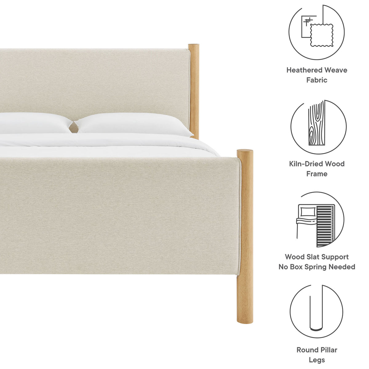 Highlighted features include heathered fabric, kiln-dried wood frame, and wood slat support || MOD-7189-HEI-OAK || callout_studio