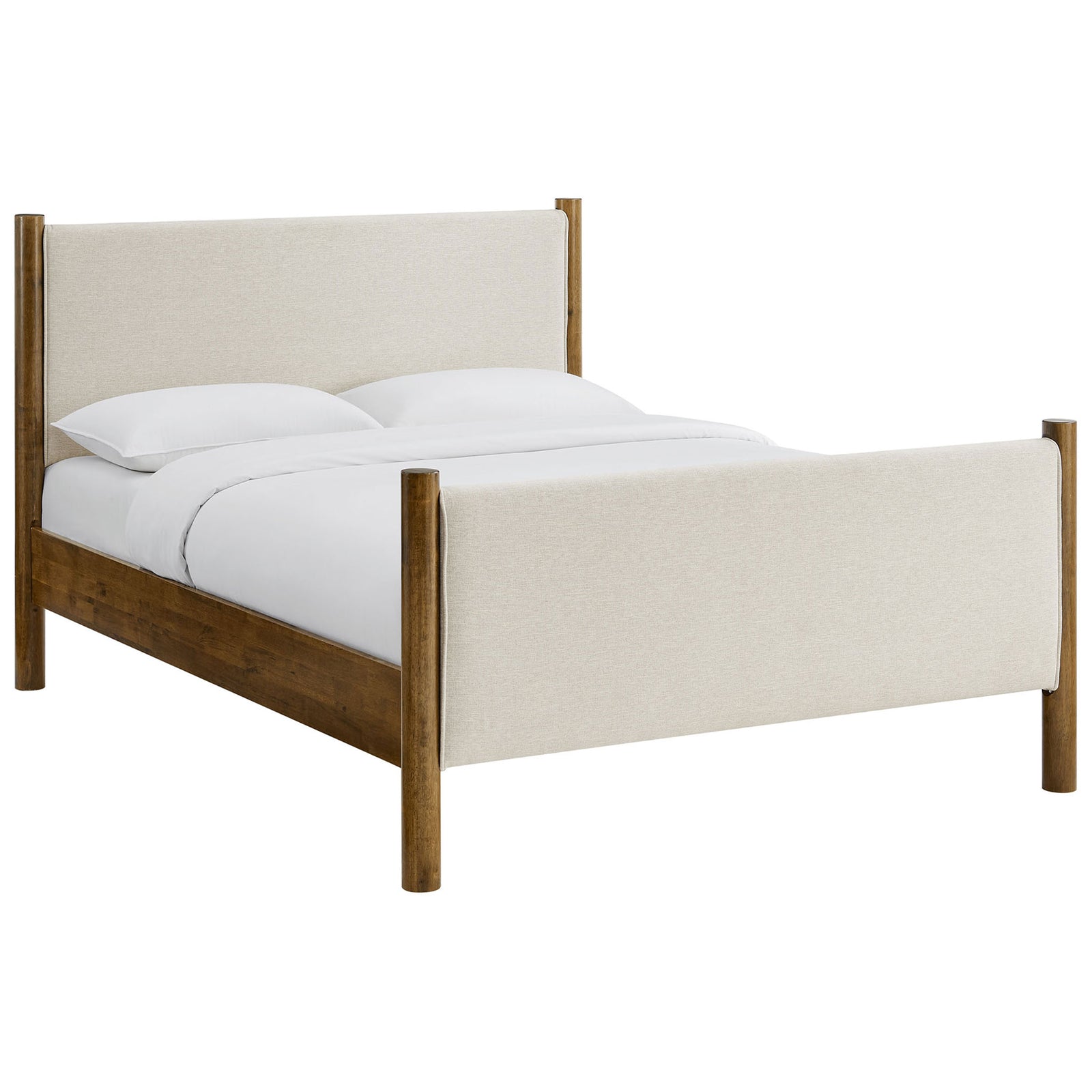 Ivory upholstered platform bed with rounded walnut posts and a warm wood frame || MOD-7189-HEI-WAL || front_angle_studio