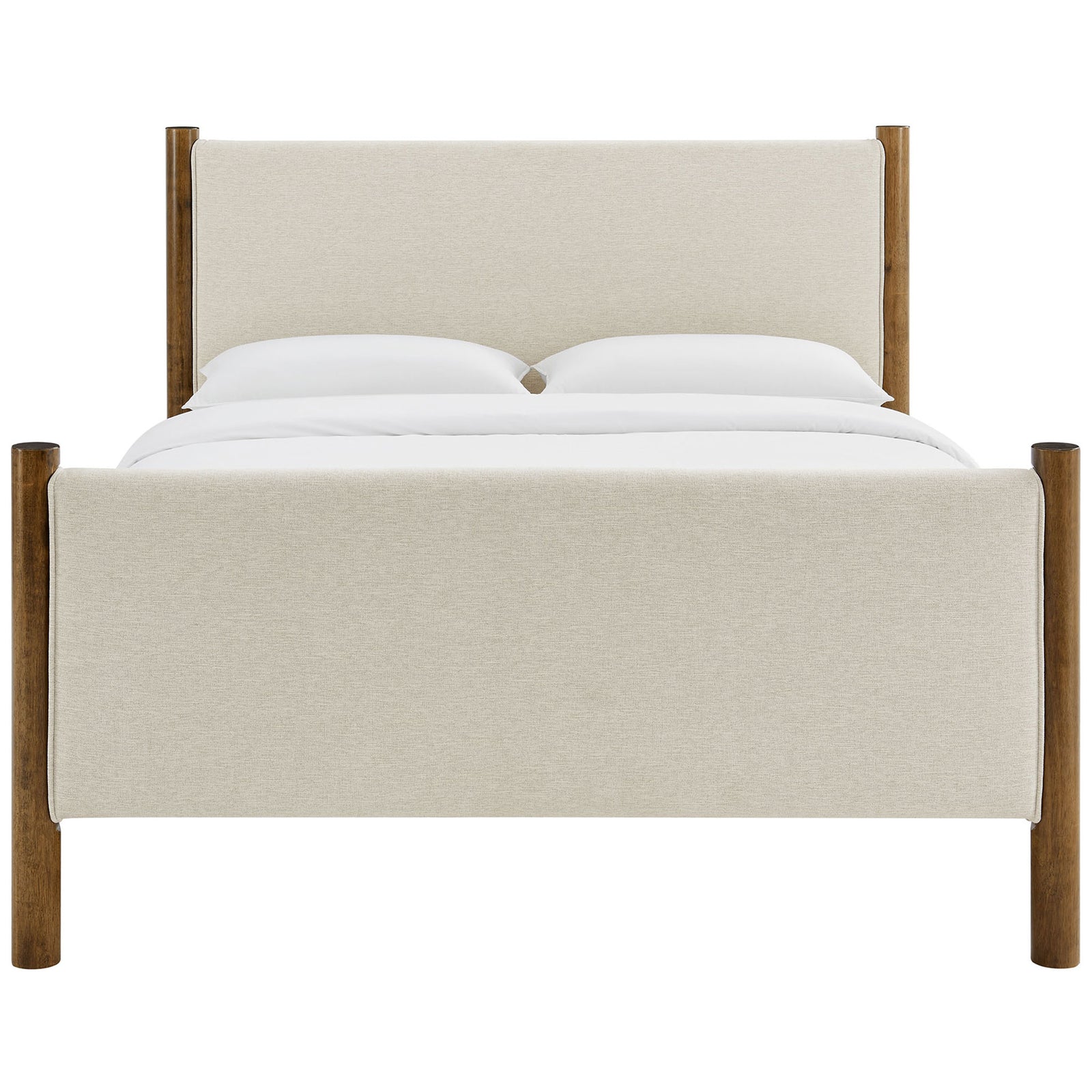 Classic platform bed with heathered ivory headboard and footboard framed by rounded walnut posts || MOD-7189-HEI-WAL || front_studio