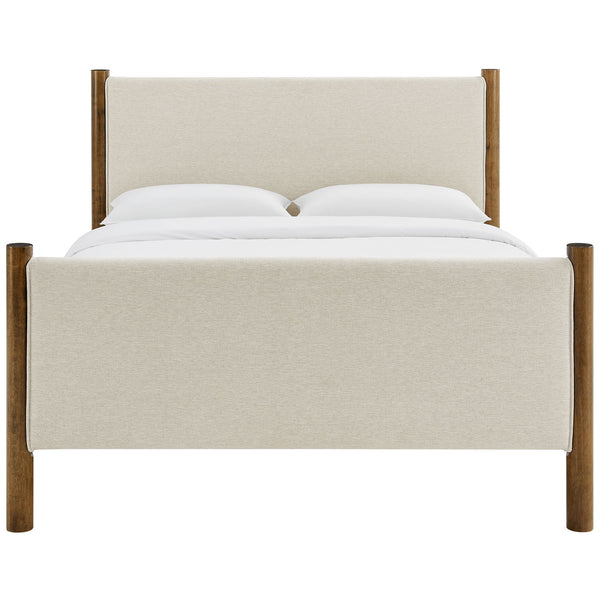 Classic platform bed with heathered ivory headboard and footboard framed by rounded walnut posts || MOD-7189-HEI-WAL || front_studio