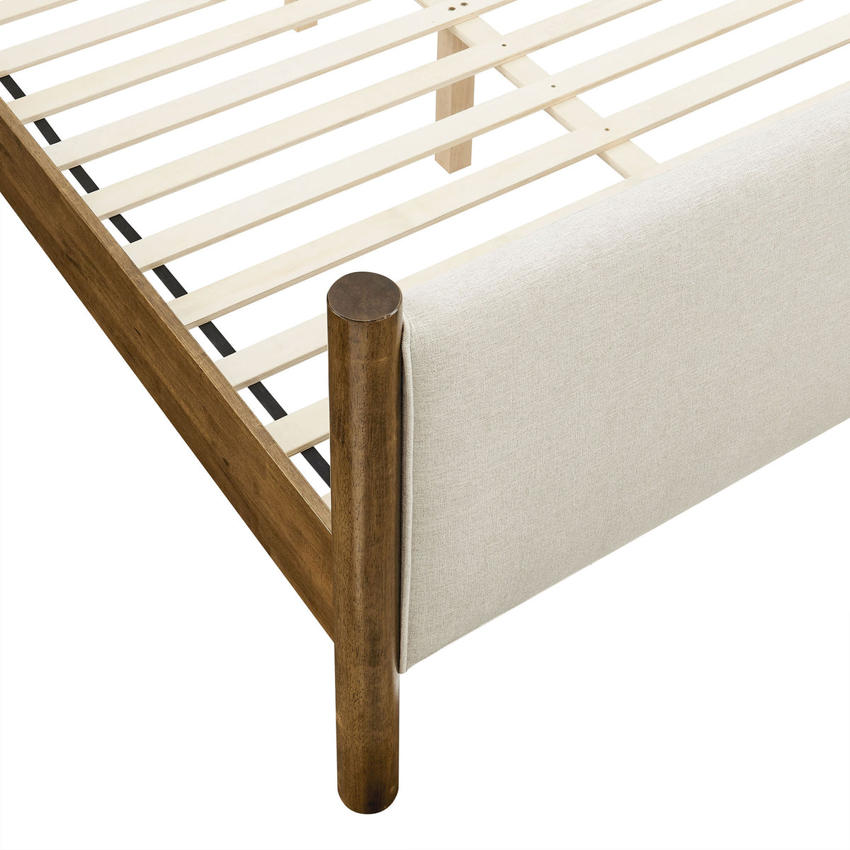 Round walnut post, smooth ivory upholstery, and closely spaced wood slats || MOD-7189-HEI-WAL || detail_studio
