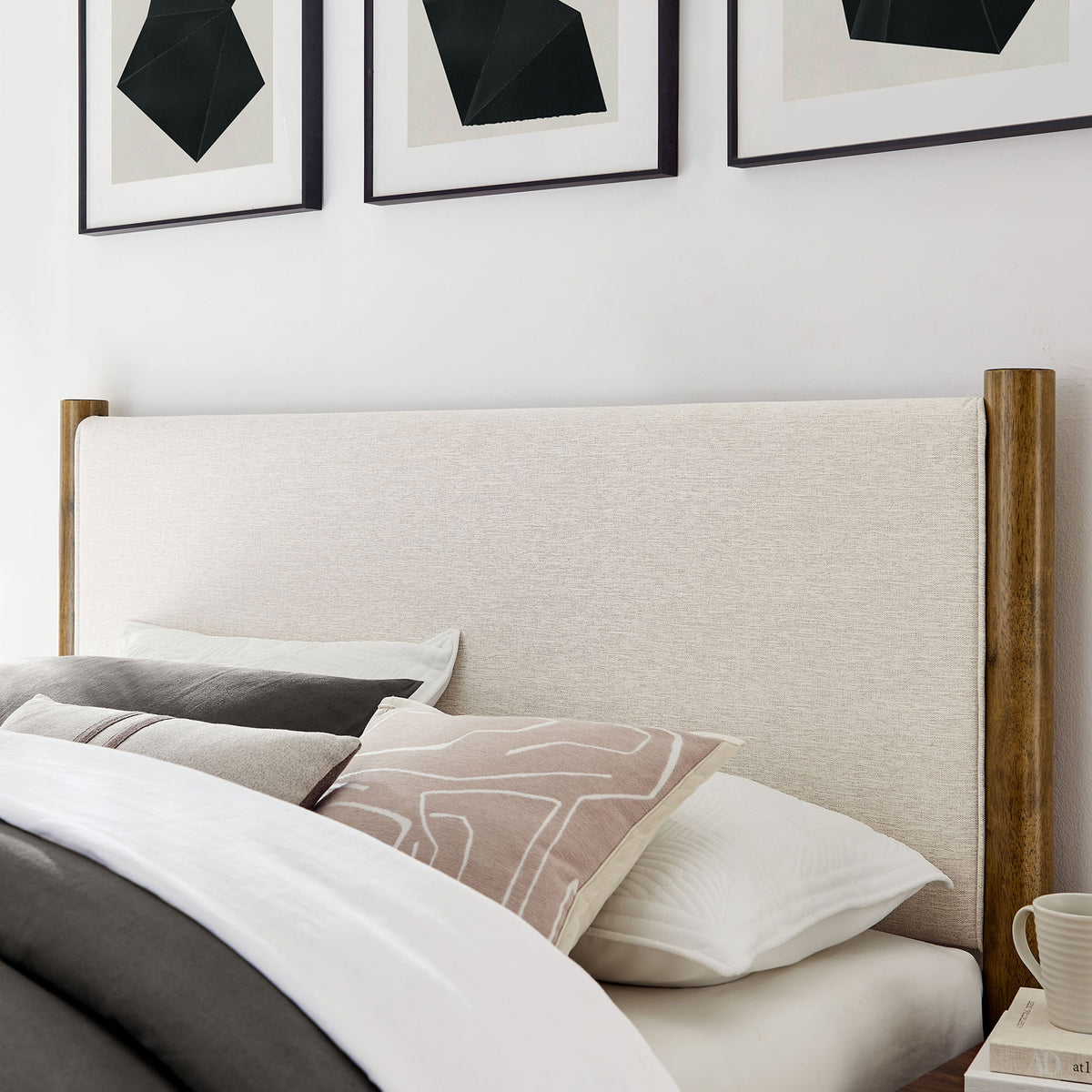 Soft heathered ivory headboard adds cozy texture against the warm walnut posts || MOD-7189-HEI-WAL || detail_room