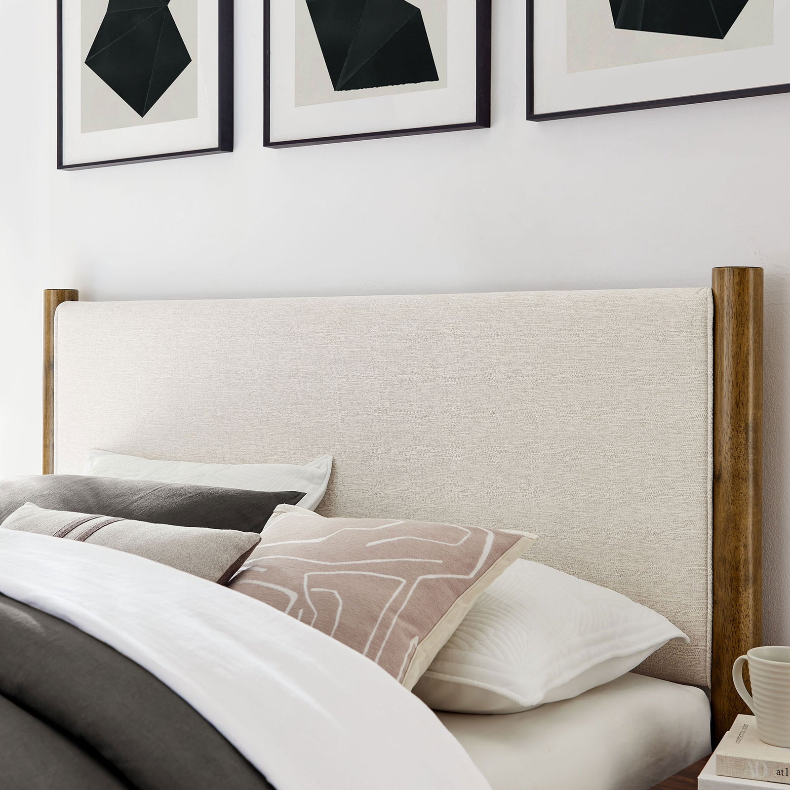 Soft heathered ivory headboard adds cozy texture against the warm walnut posts || MOD-7189-HEI-WAL || detail_room