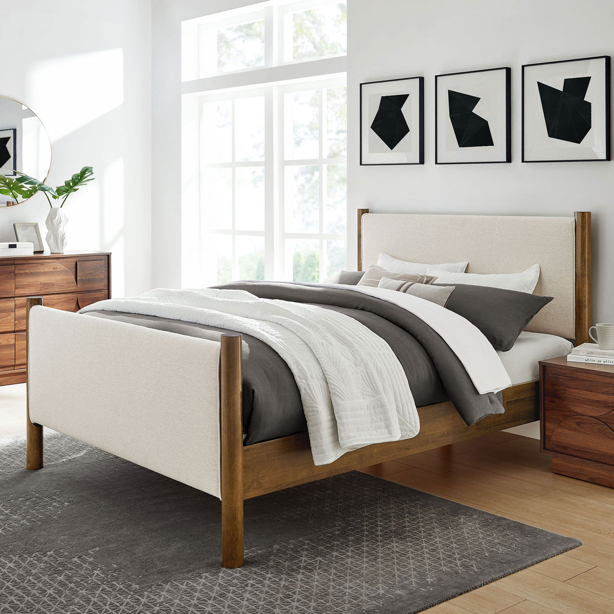 Elevated bedroom look with the ivory-upholstered platform bed and rich walnut wood accents || MOD-7189-HEI-WAL || front_angle_room
