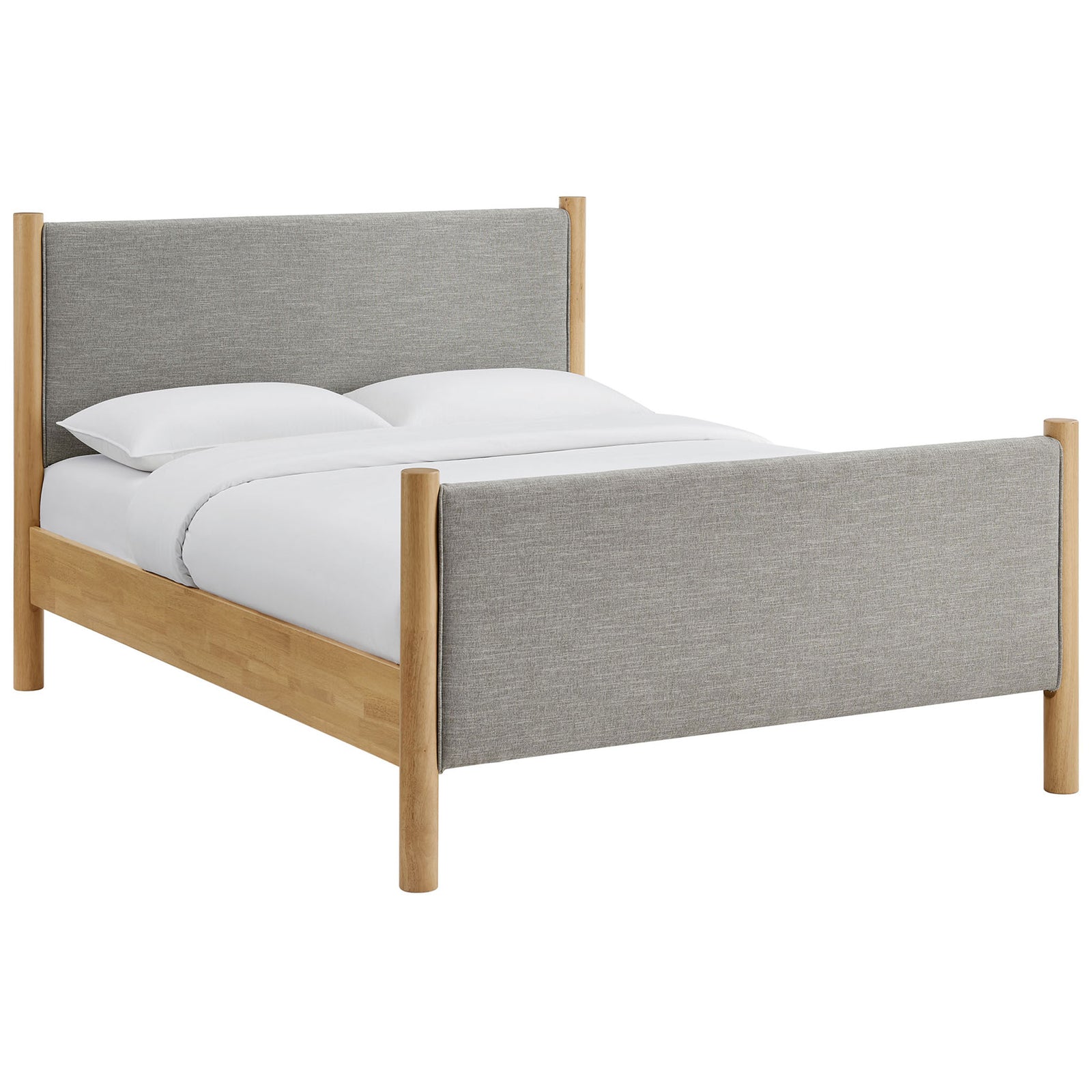 Modern platform bed with heathered gray fabric panels and warm solid oak pillars for a clean, inviting look || MOD-7189-HEW-OAK || front_angle_studio