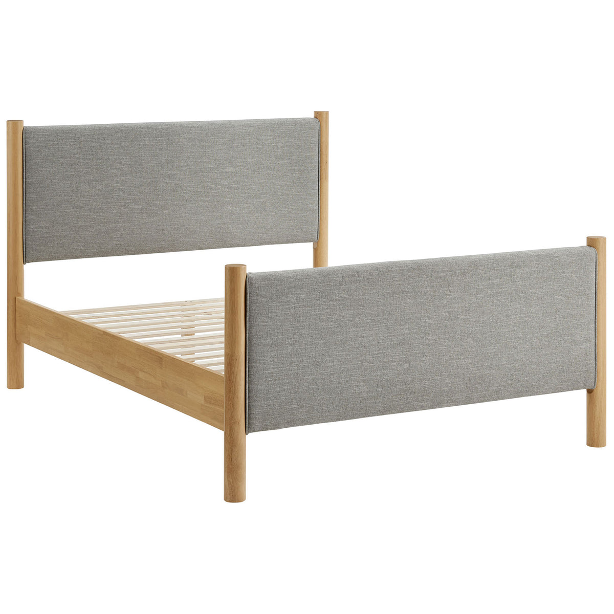 Open platform frame reveals sturdy wood slat support with gray upholstered panels and rounded oak corner posts || MOD-7189-HEW-OAK || front_angle_studio