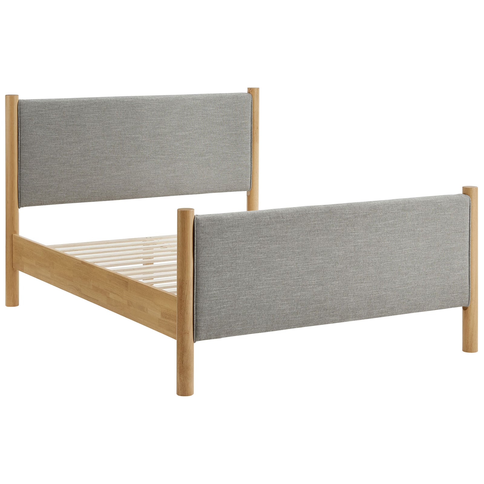 Open platform frame reveals sturdy wood slat support with gray upholstered panels and rounded oak corner posts || MOD-7189-HEW-OAK || front_angle_studio