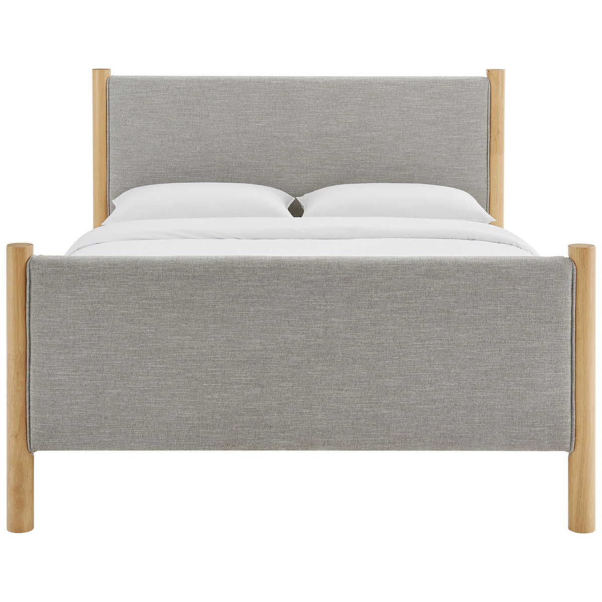 Gray upholstered headboard and footboard framed by round wheat oak posts and a clean, low-profile base || MOD-7189-HEW-OAK || front_studio