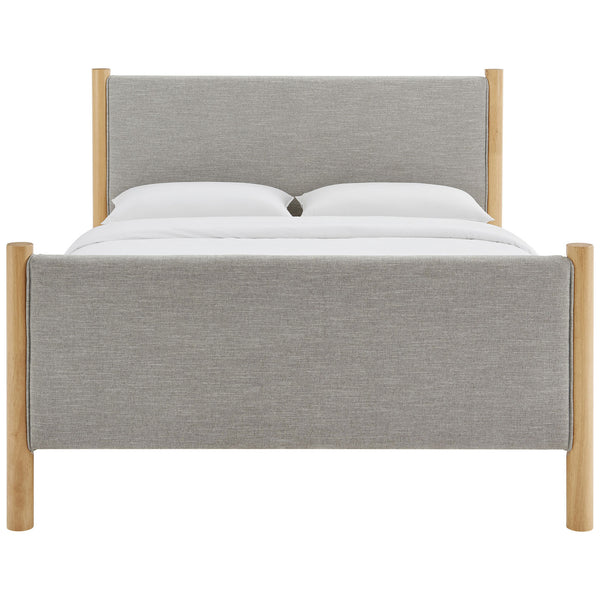 Gray upholstered headboard and footboard framed by round wheat oak posts and a clean, low-profile base || MOD-7189-HEW-OAK || front_studio