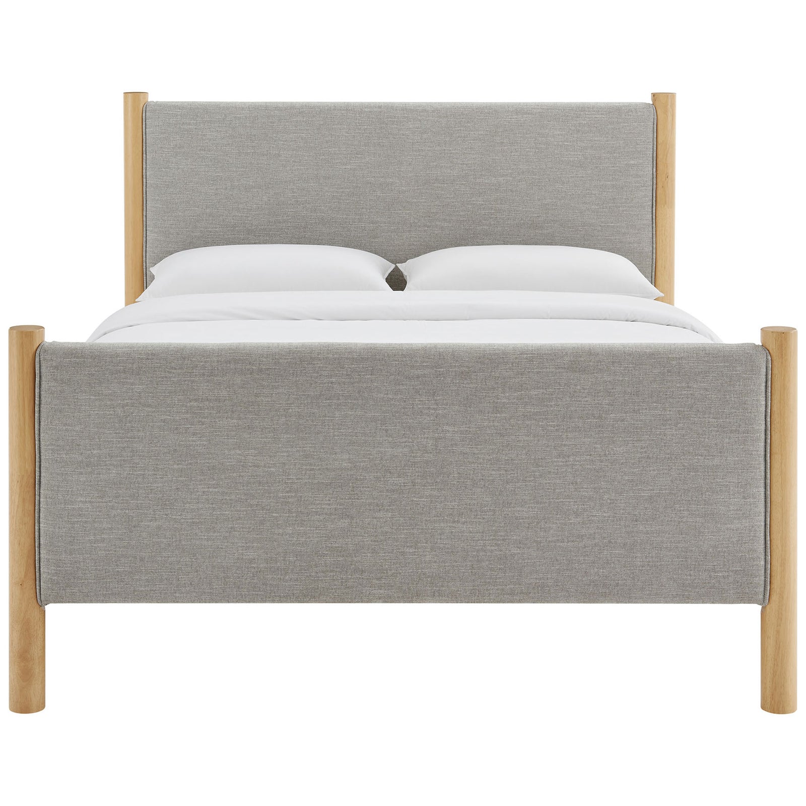 Gray upholstered headboard and footboard framed by round wheat oak posts and a clean, low-profile base || MOD-7189-HEW-OAK || front_studio