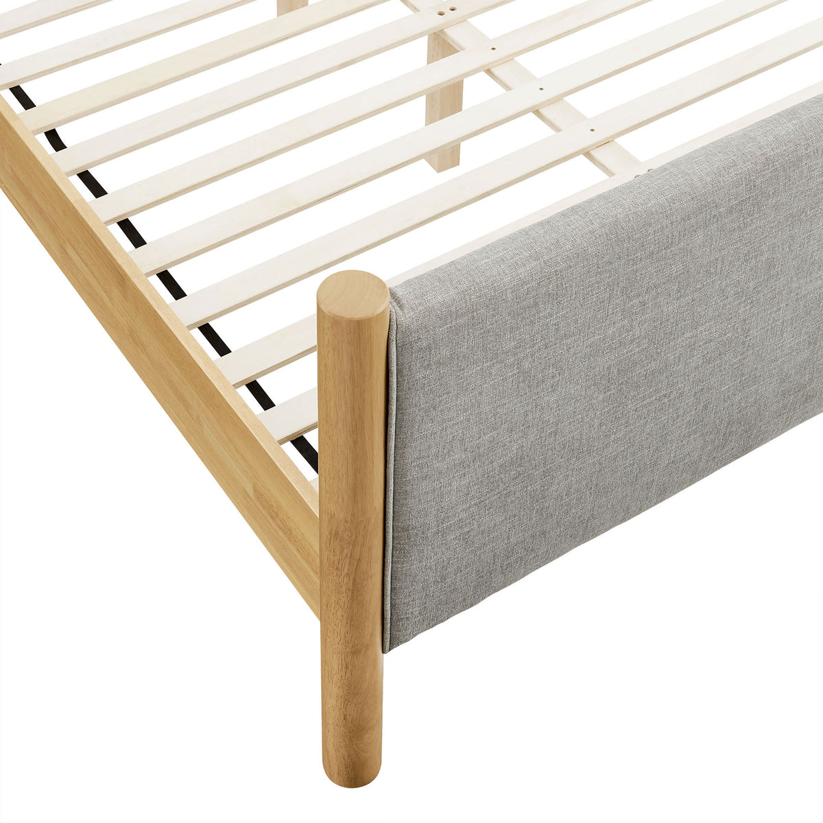 Rounded oak post with gray upholstery wrap and durable wood slat platform || MOD-7189-HEW-OAK || detail_studio