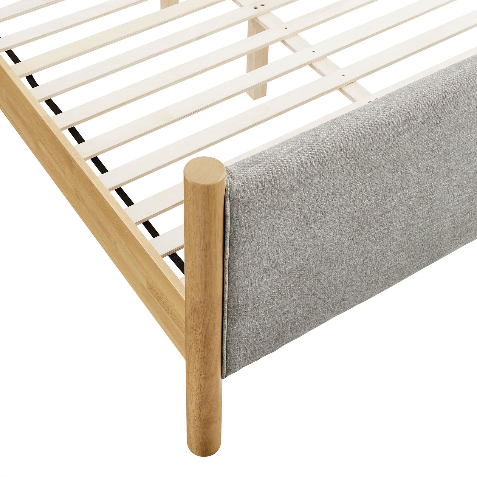 Rounded oak post with gray upholstery wrap and durable wood slat platform || MOD-7189-HEW-OAK || detail_studio