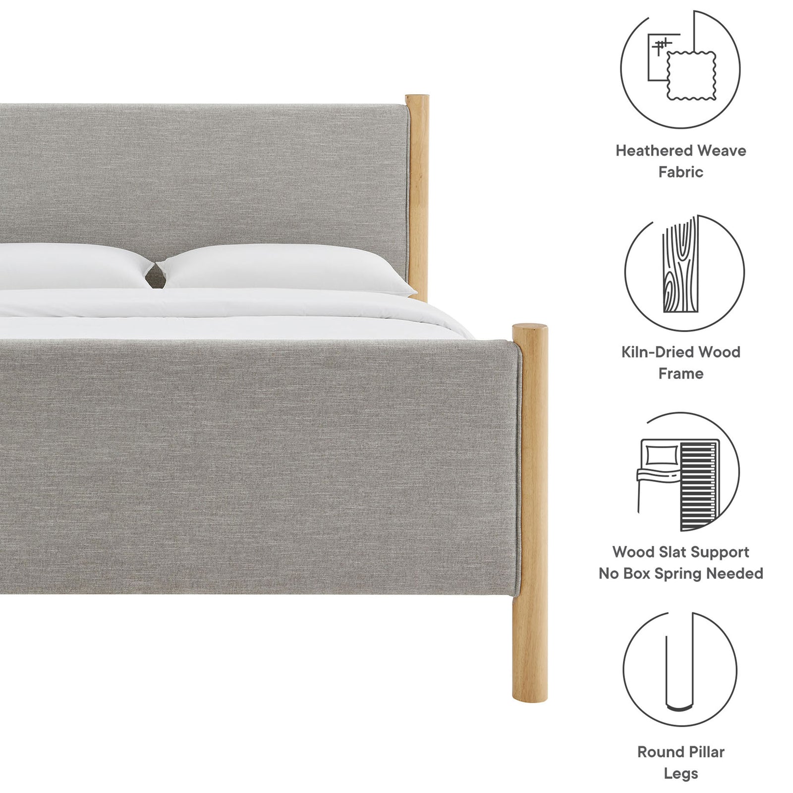 Heathered fabric upholstery, kiln-dried wood frame, and slat support showcased with simple icons || MOD-7189-HEW-OAK || callout_studio