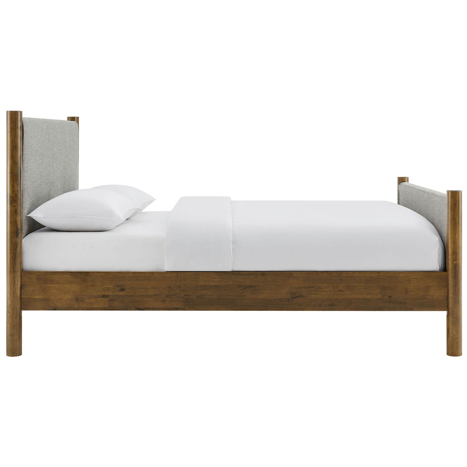 Low-profile platform silhouette with padded headboard and footboard framed by rounded solid wood corner posts. || MOD-7189-HEW-WAL || side_studio