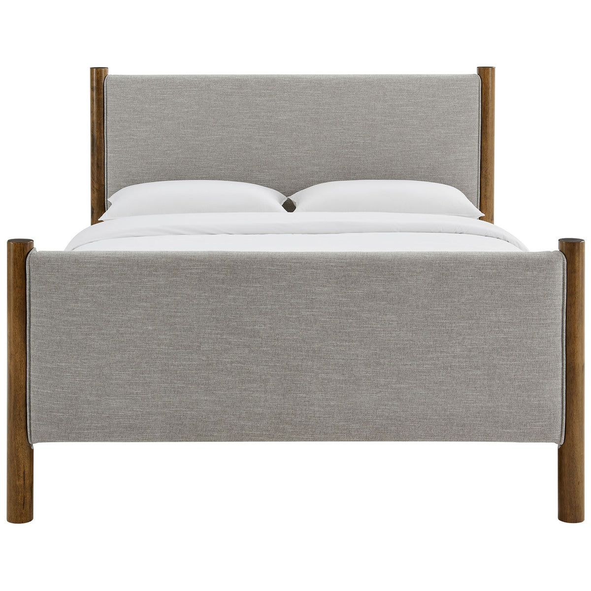 Clean-lined upholstered headboard and footboard in heathered oatmeal, anchored by round walnut wood legs. || MOD-7189-HEW-WAL || front_studio