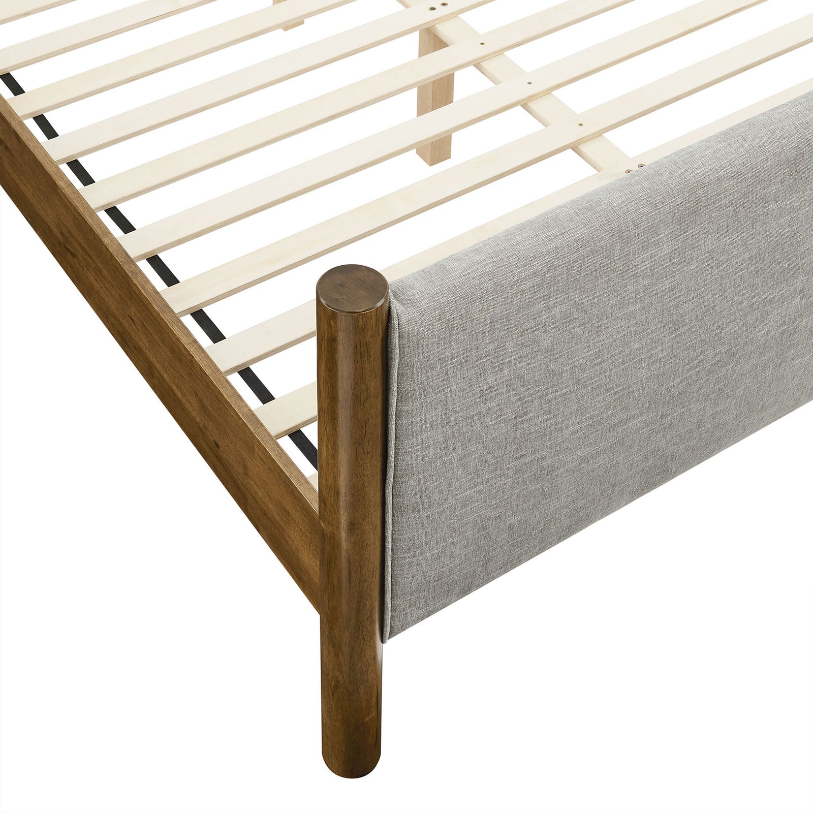 Rounded walnut post, fabric-wrapped footboard, and durable wood slat system shown up close. || MOD-7189-HEW-WAL || leg_studio