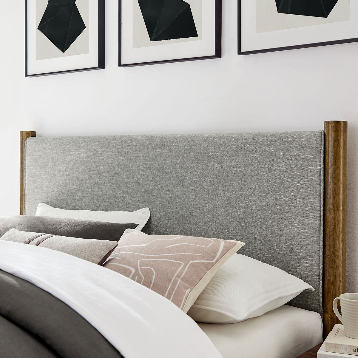Soft, heathered fabric headboard brings inviting texture to your bedroom retreat. || MOD-7189-HEW-WAL || detail_room