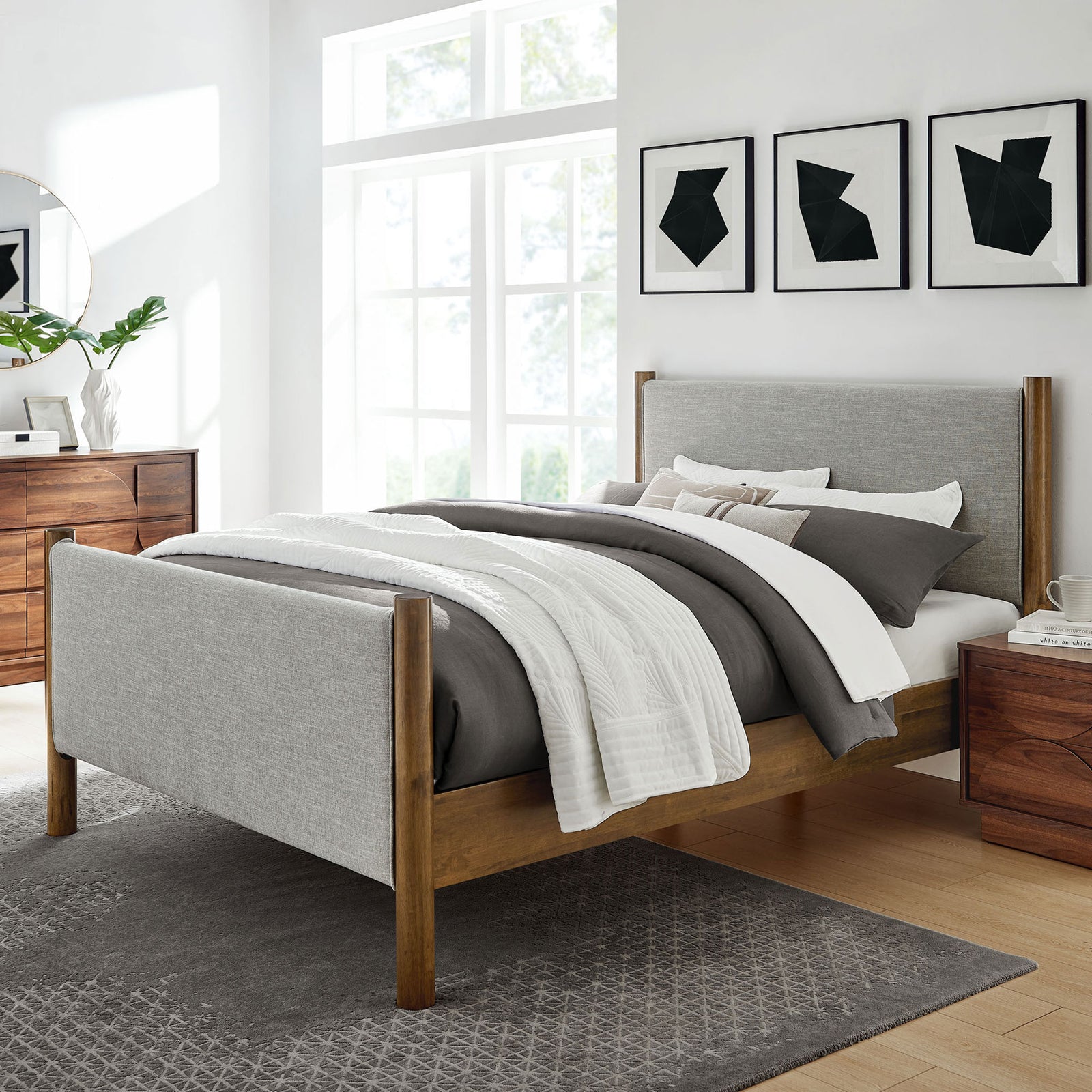Modern platform bed anchors the room with warm walnut tones and gently textured upholstery. || MOD-7189-HEW-WAL || front_angle_room