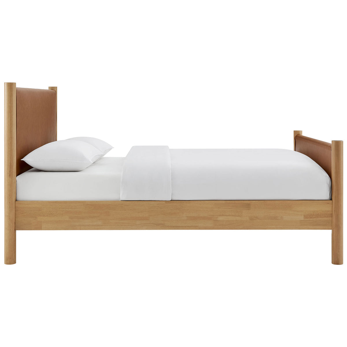 Low-profile silhouette highlights the oak wood grain and cushioned vegan leather headboard and footboard || MOD-7190-TAN-OAK || side_studio